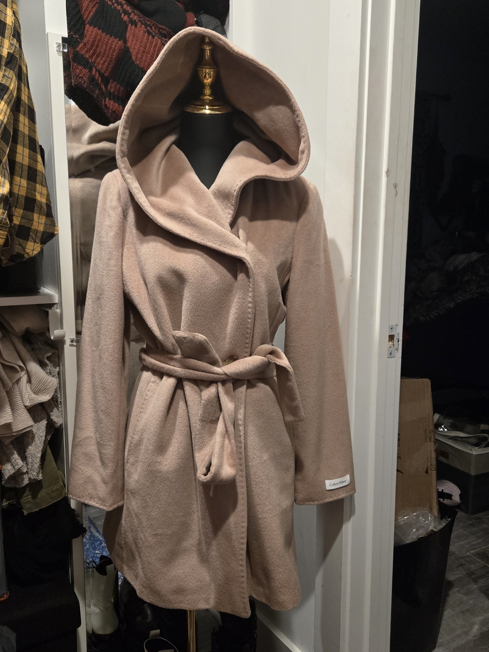 Calvin Klein Hooded Wrap Coat in Dusty Rose